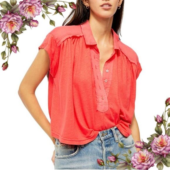 Free People Low Down popover Swing oversized Top Henley Orange size small - Picture 1 of 10